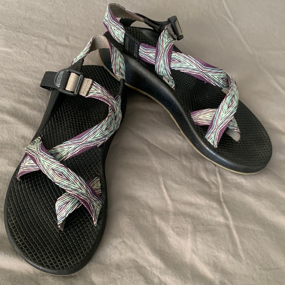 Purple/teal/white strap, black footbed, Chaco women’s sandals, size 9